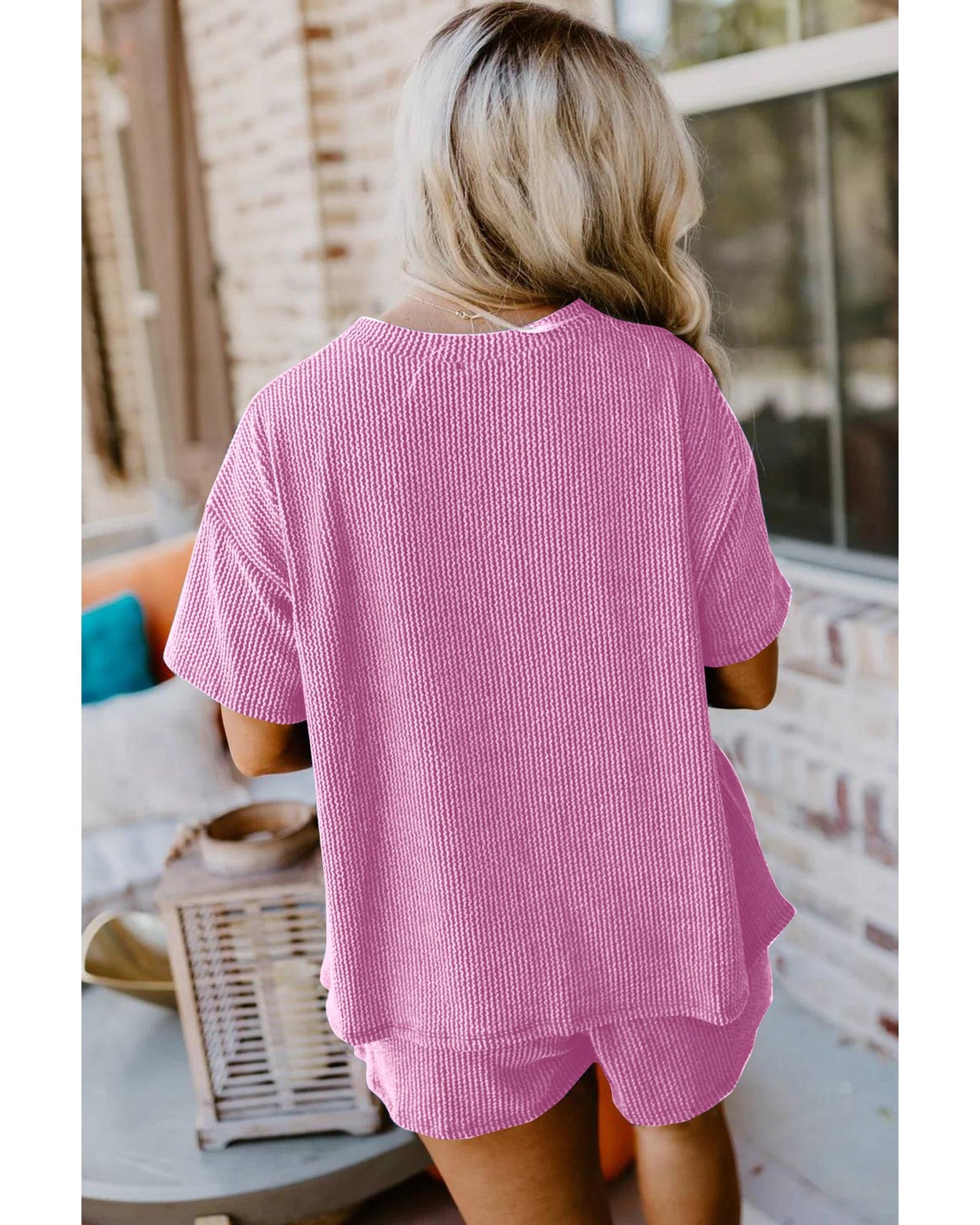 Ribbed Textured Knit Loose Fit Tee and Shorts Set