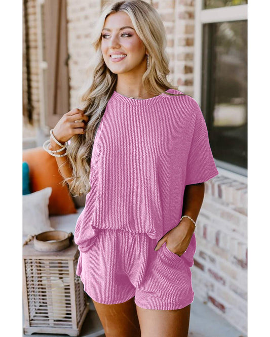 Ribbed Textured Knit Loose Fit Tee and Shorts Set