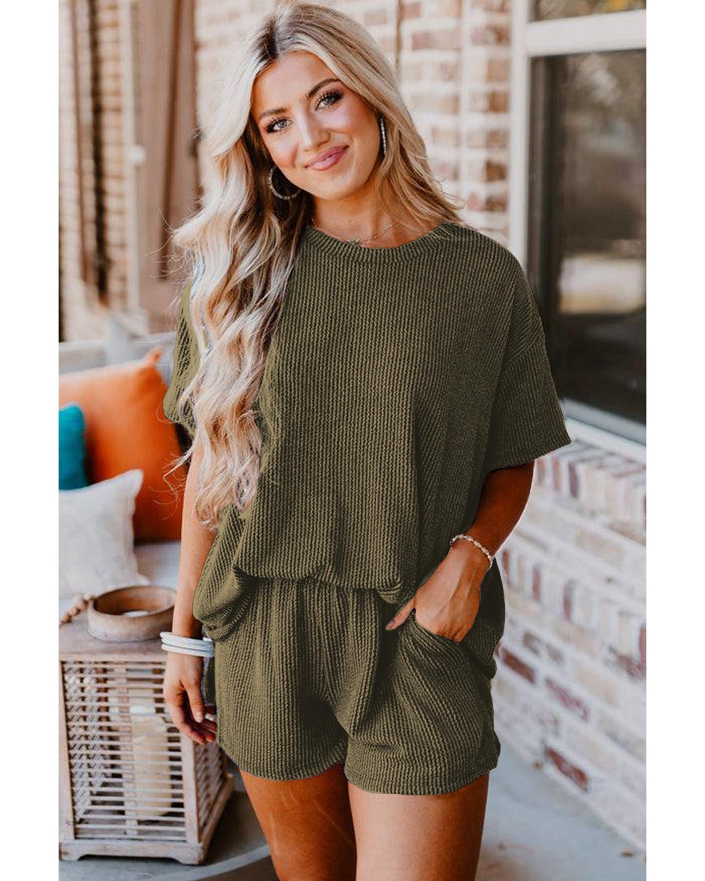 Ribbed Textured Knit Loose Fit Tee and Shorts Set