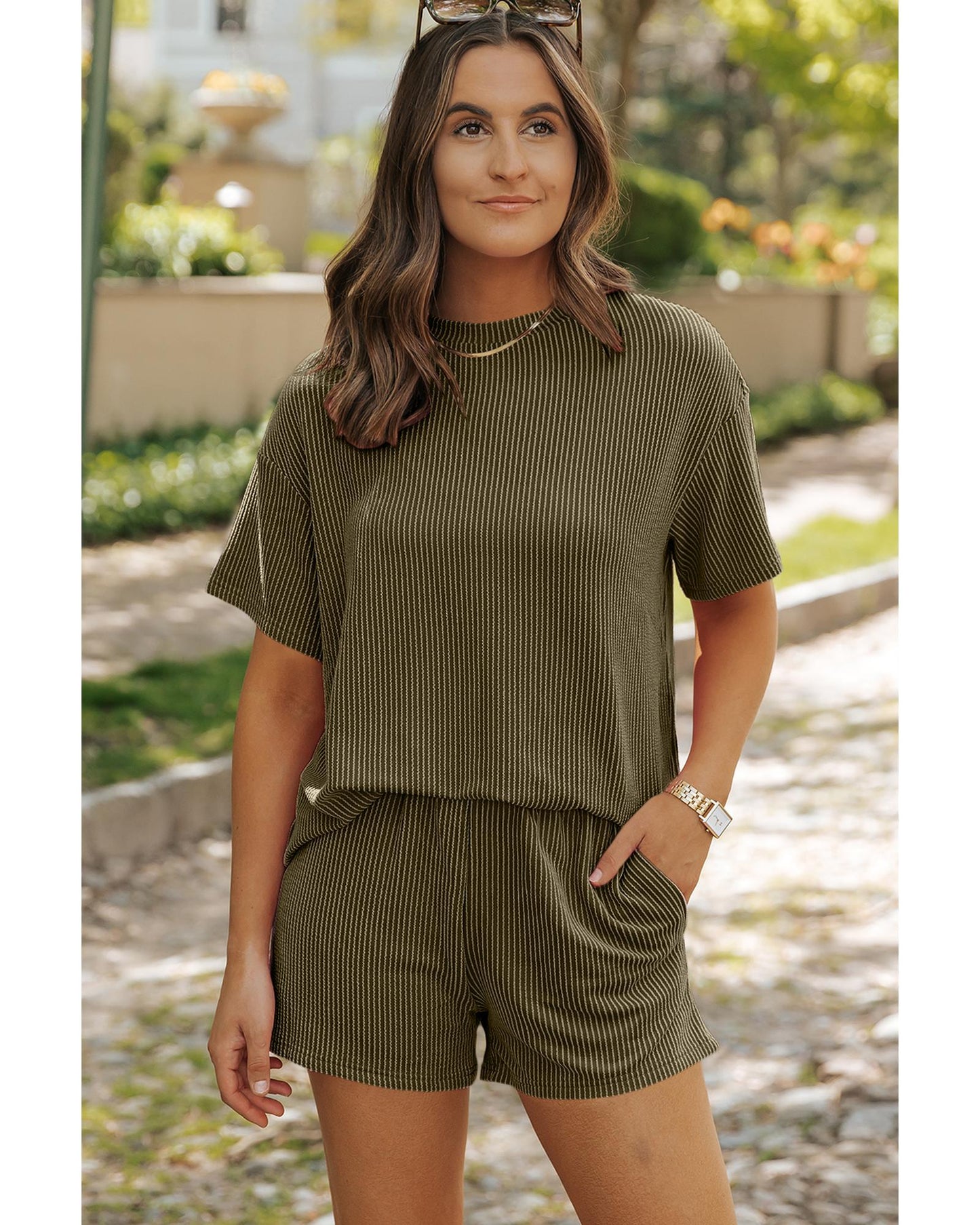 Ribbed Textured Knit Loose Fit Tee and Shorts Set