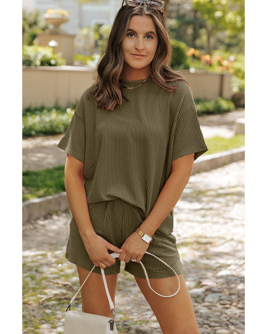 Ribbed Textured Knit Loose Fit Tee and Shorts Set