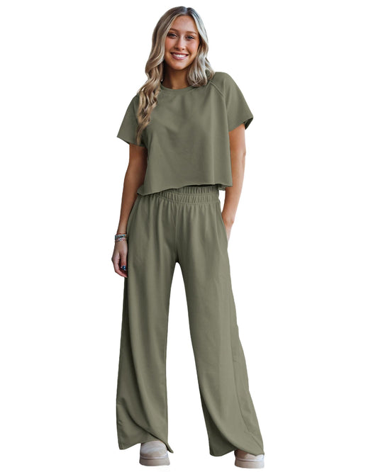Raw Hem Loose Tee and Wide Leg Pants
