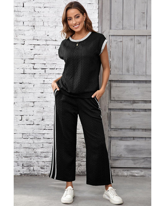 Knit Contrast Trim Short Sleeve Top and Pants