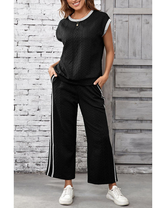 Knit Contrast Trim Short Sleeve Top and Pants