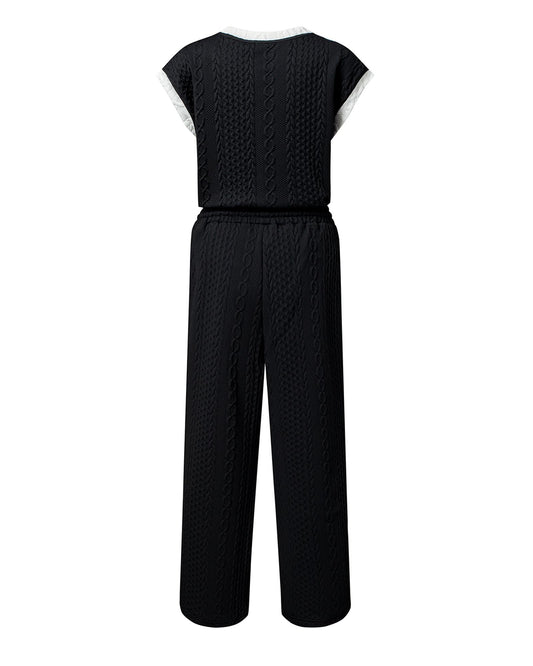 Knit Contrast Trim Short Sleeve Top and Pants