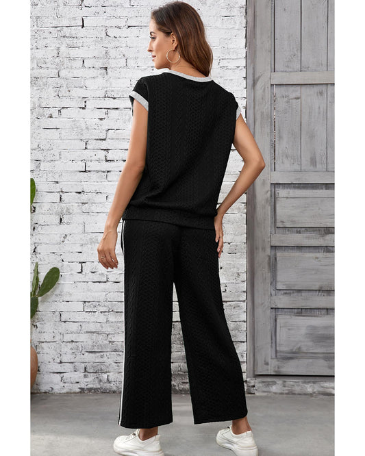 Knit Contrast Trim Short Sleeve Top and Pants