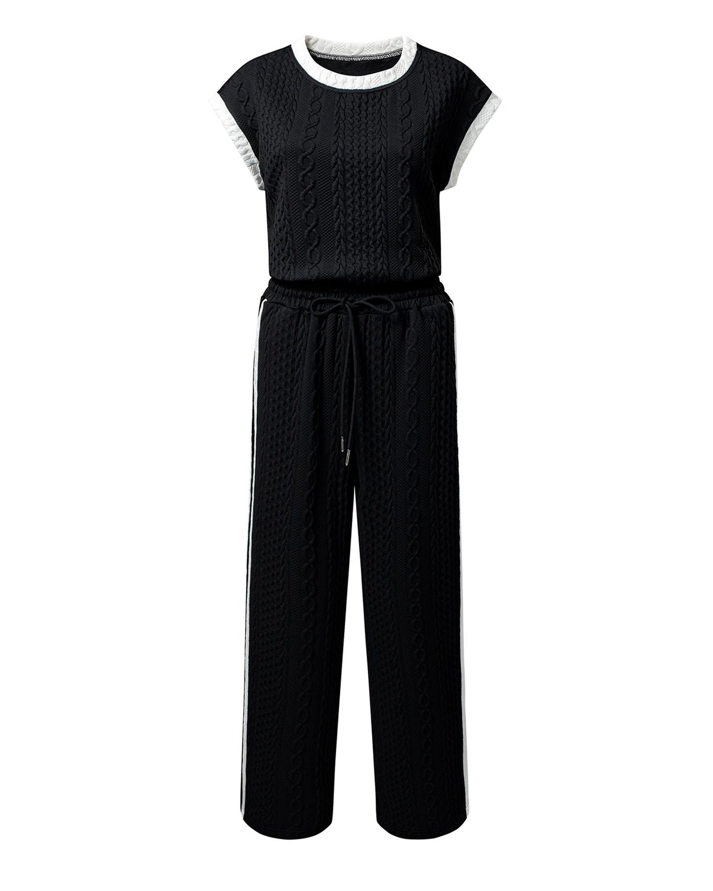Knit Contrast Trim Short Sleeve Top and Pants