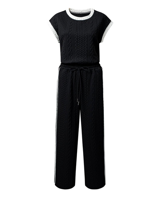 Knit Contrast Trim Short Sleeve Top and Pants