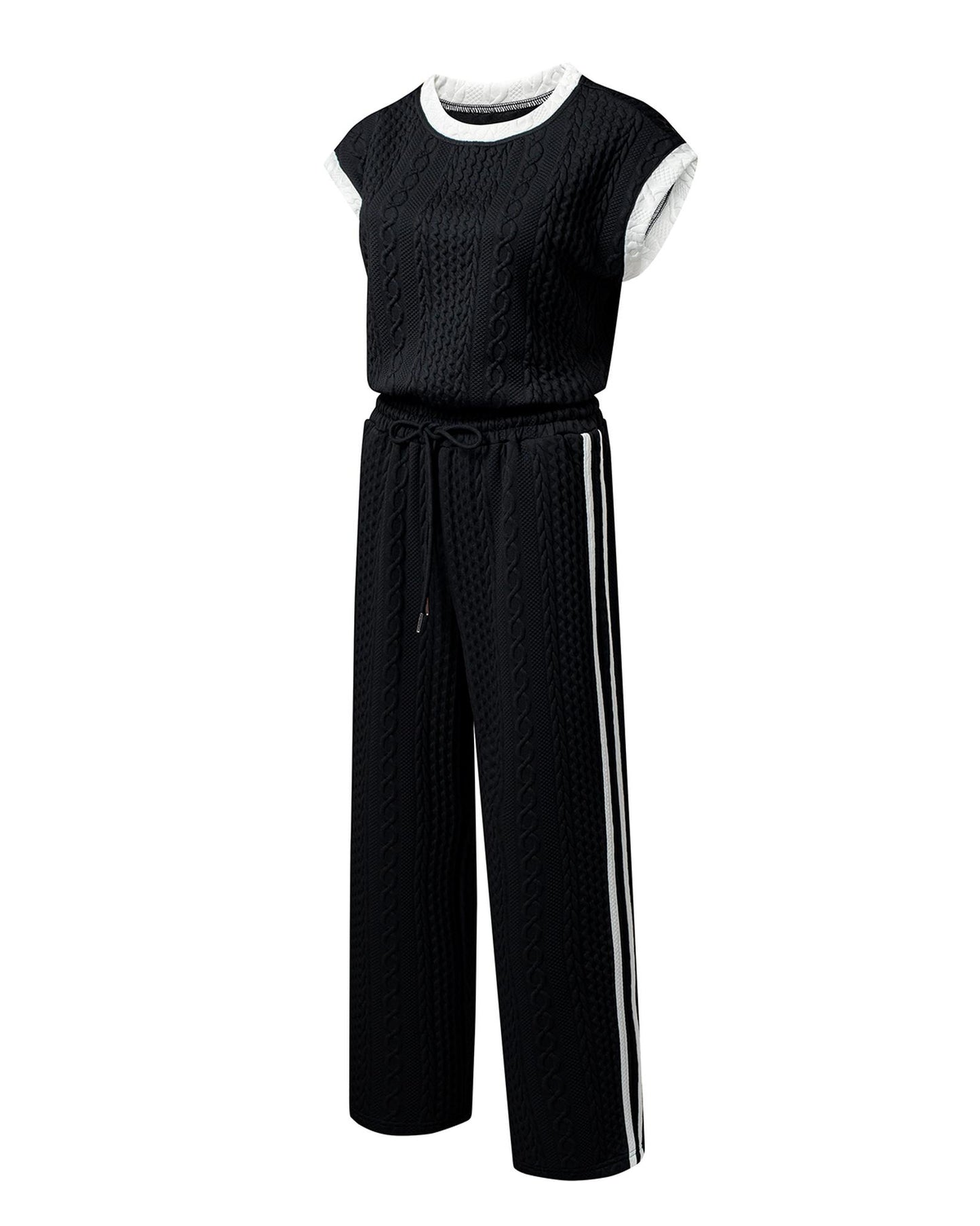 Knit Contrast Trim Short Sleeve Top and Pants