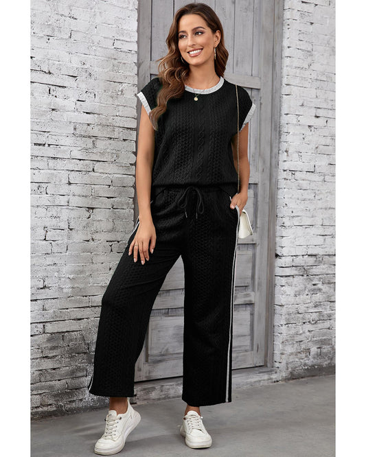 Knit Contrast Trim Short Sleeve Top and Pants