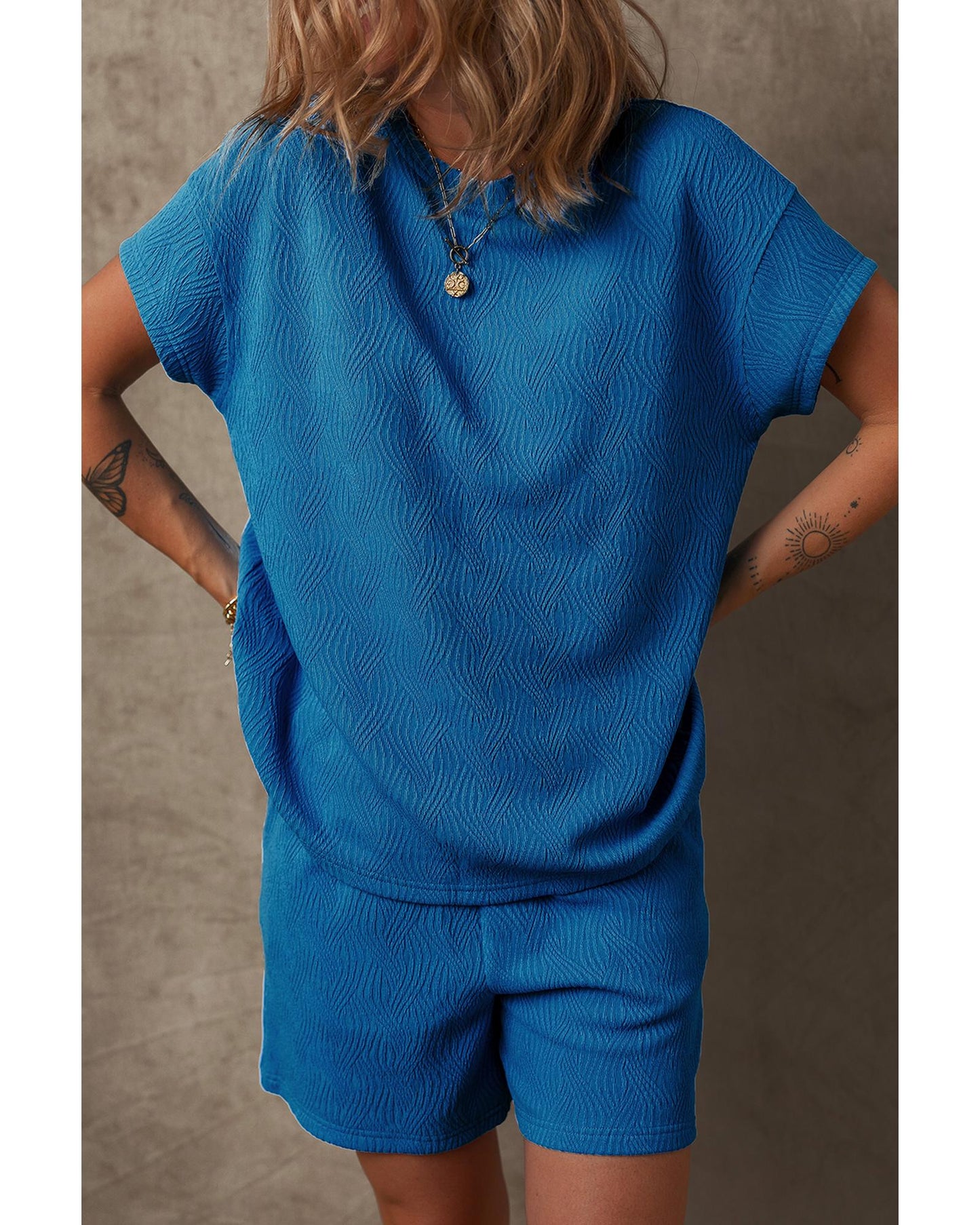 Textured Crew Neck Short Set