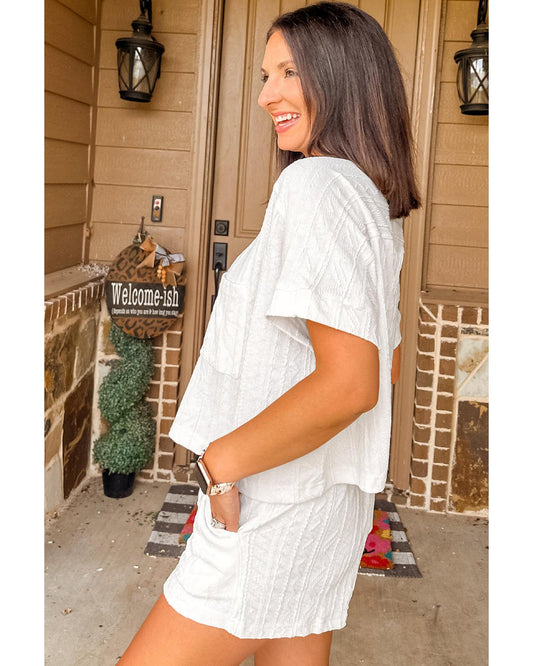 Textured Patched Pocket Short Sleeve Top and Drawstring Shorts
