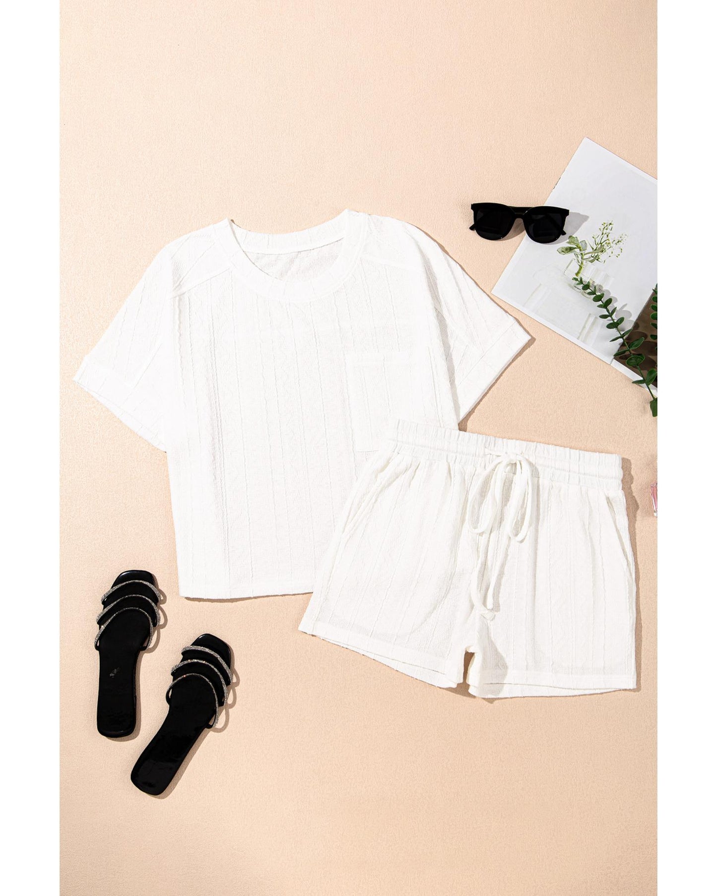 Textured Patched Pocket Short Sleeve Top and Drawstring Shorts