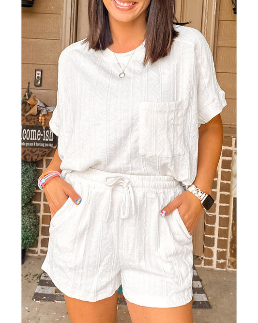 Textured Patched Pocket Short Sleeve Top and Drawstring Shorts