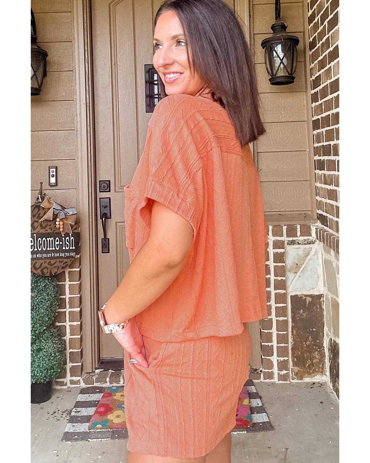 Textured Patched Pocket Short Sleeve Top and Drawstring Shorts