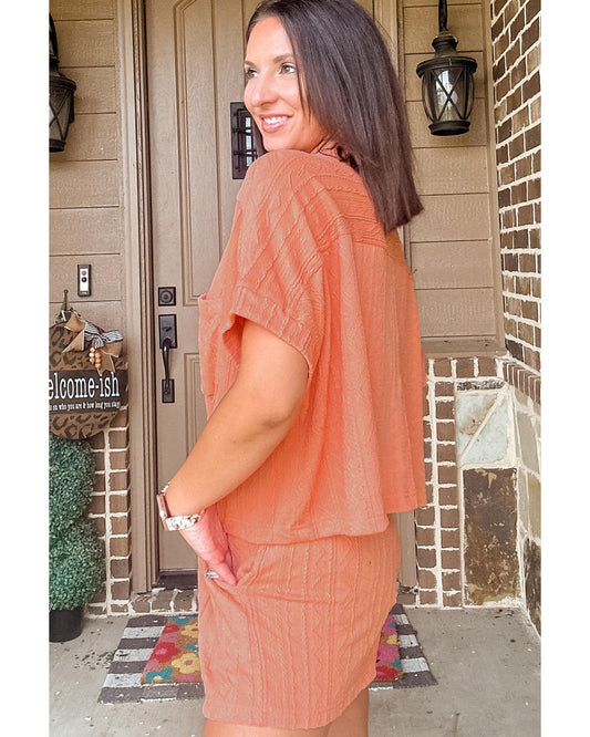 Textured Patched Pocket Short Sleeve Top and Drawstring Shorts