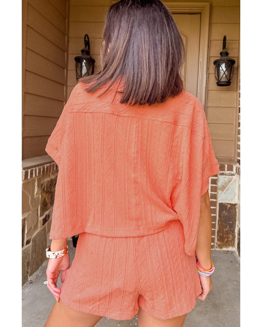 Textured Patched Pocket Short Sleeve Top and Drawstring Shorts