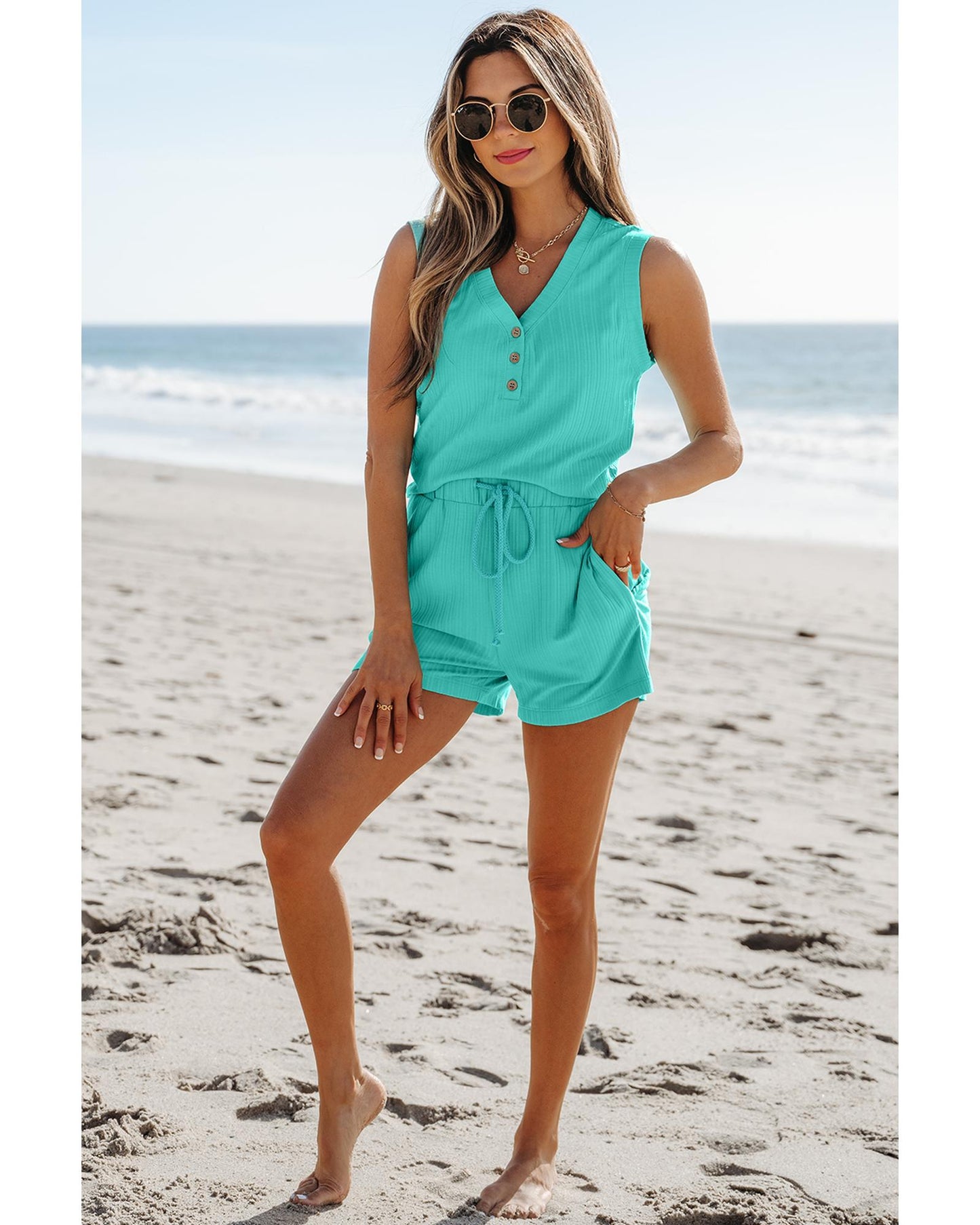 Ribbed Button V Neck Tank Top and Shorts