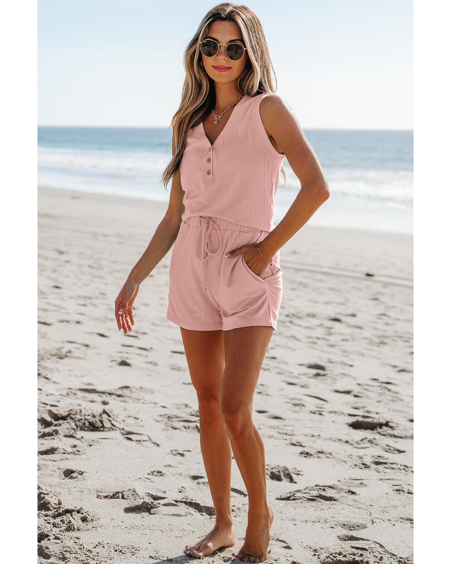 Ribbed Button V Neck Tank Top and Shorts