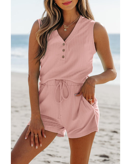 Ribbed Button V Neck Tank Top and Shorts