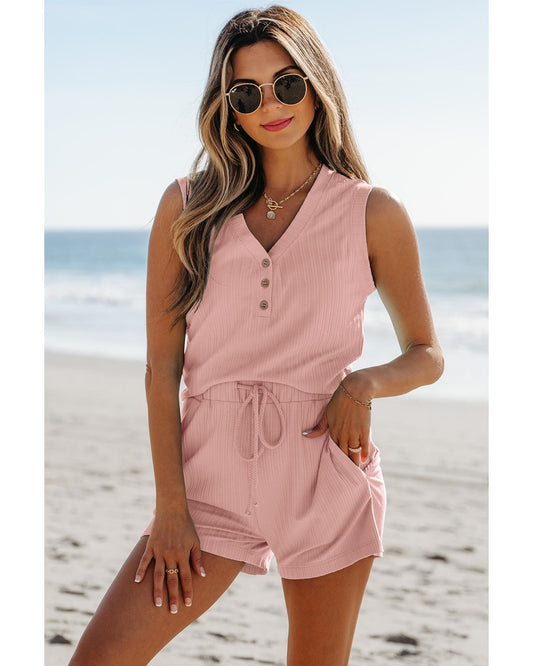 Ribbed Button V Neck Tank Top and Shorts