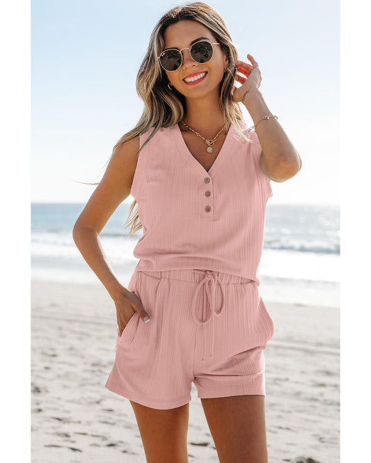 Ribbed Button V Neck Tank Top and Shorts