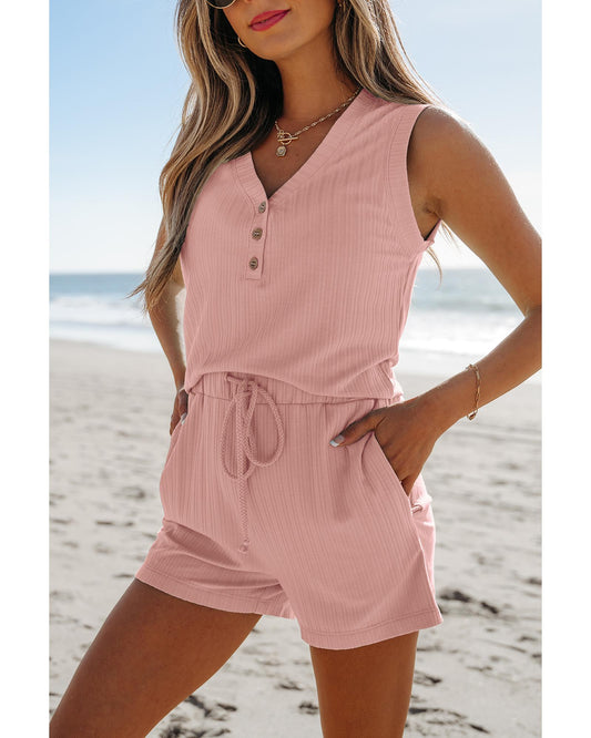 Ribbed Button V Neck Tank Top and Shorts