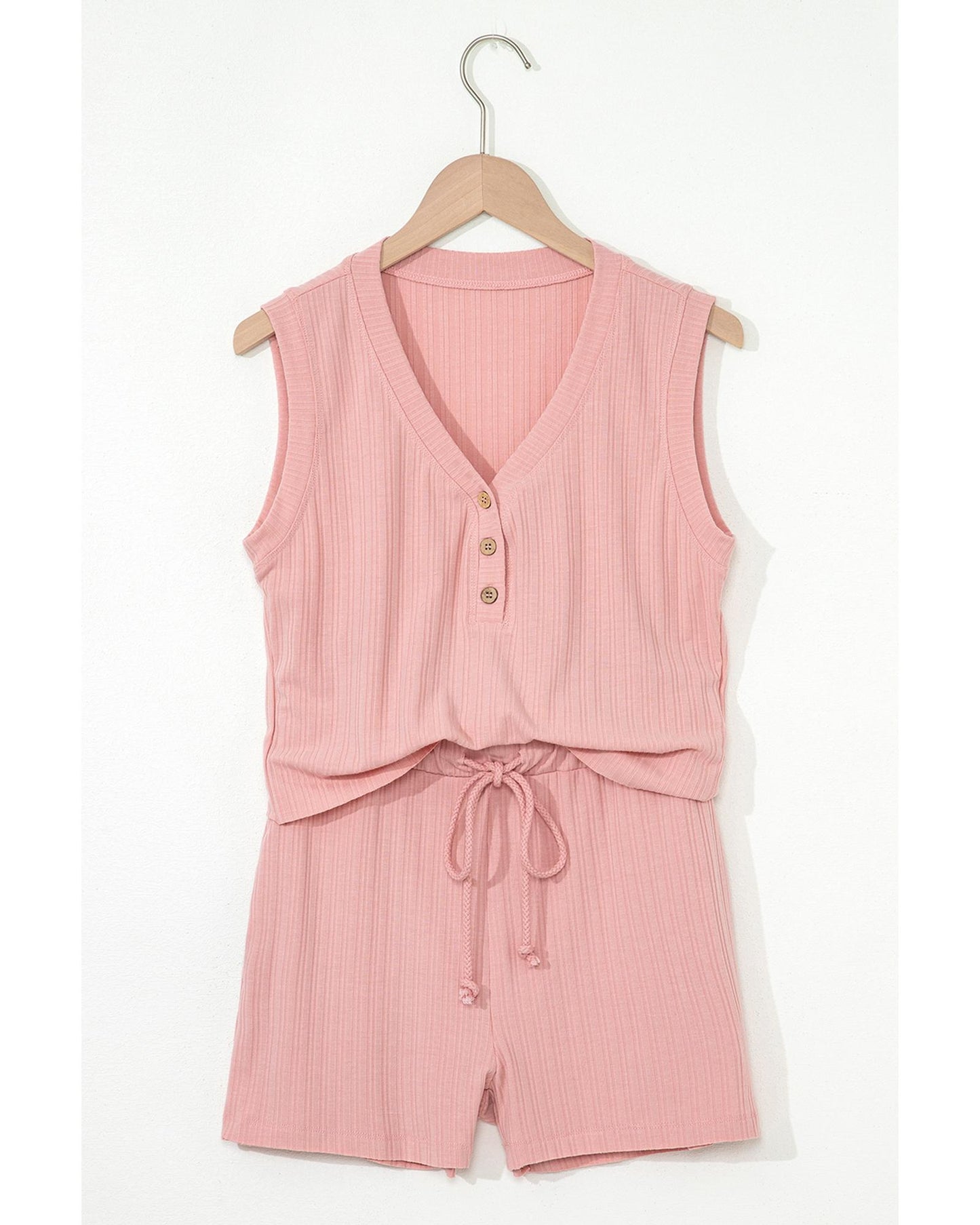 Ribbed Button V Neck Tank Top and Shorts