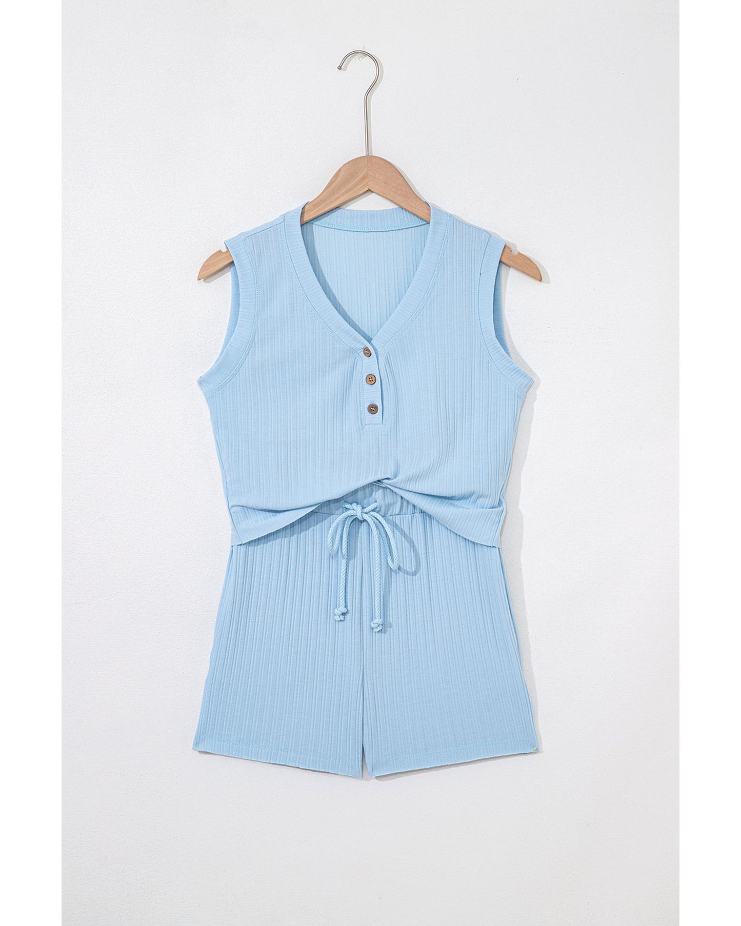 Ribbed Button V Neck Tank Top and Shorts