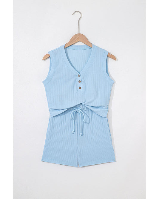 Ribbed Button V Neck Tank Top and Shorts