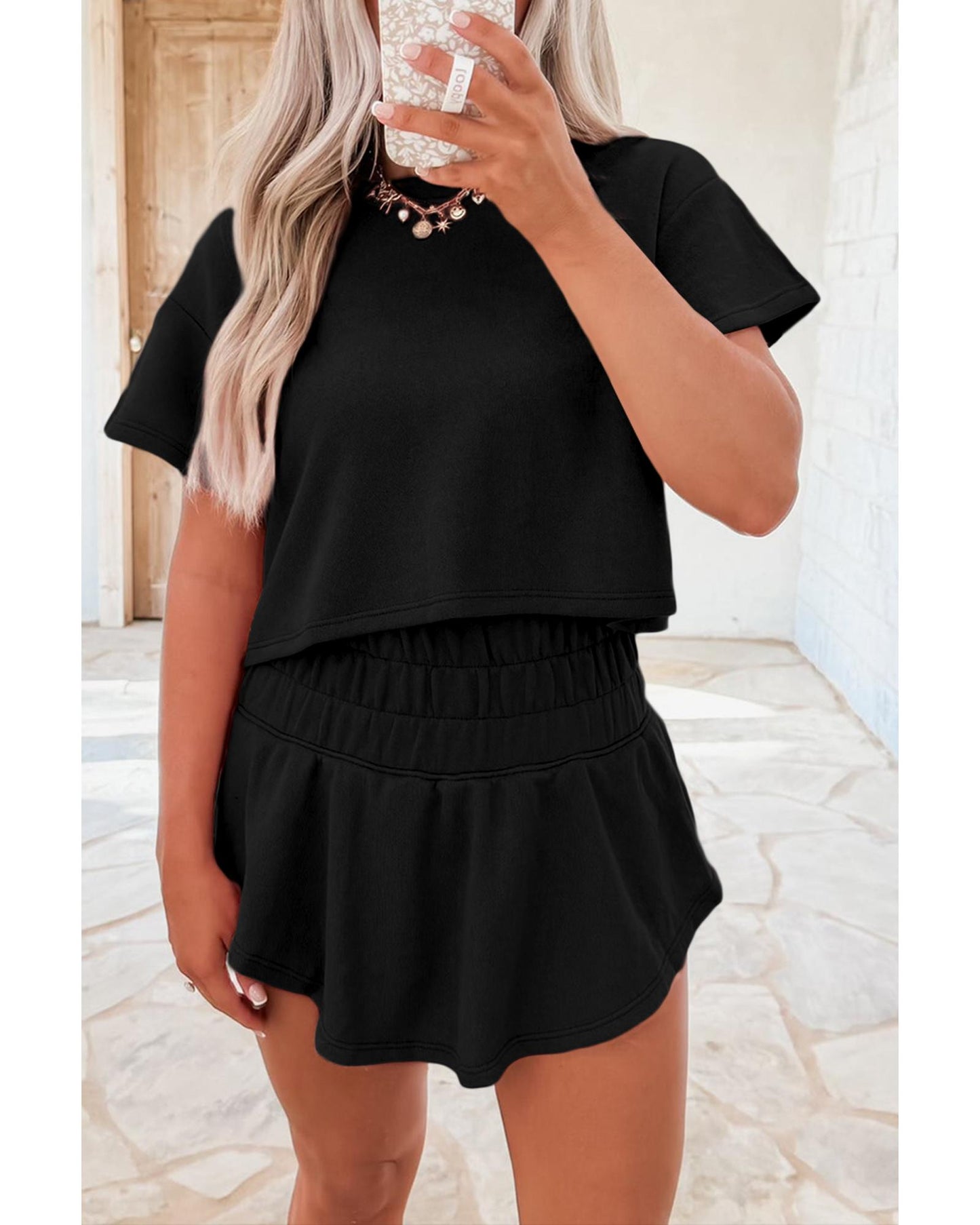 Cropped Tee and Ruffle High Waist Skort