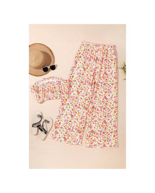 Floral Bandeau Top and High Waist Wide Leg Pants