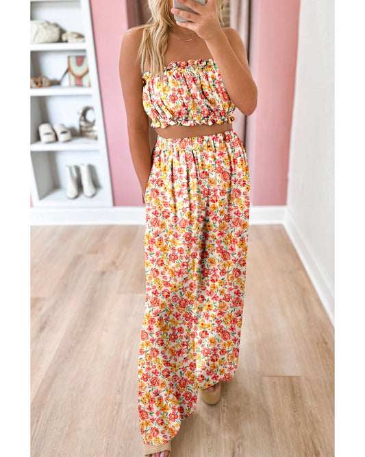 Floral Bandeau Top and High Waist Wide Leg Pants