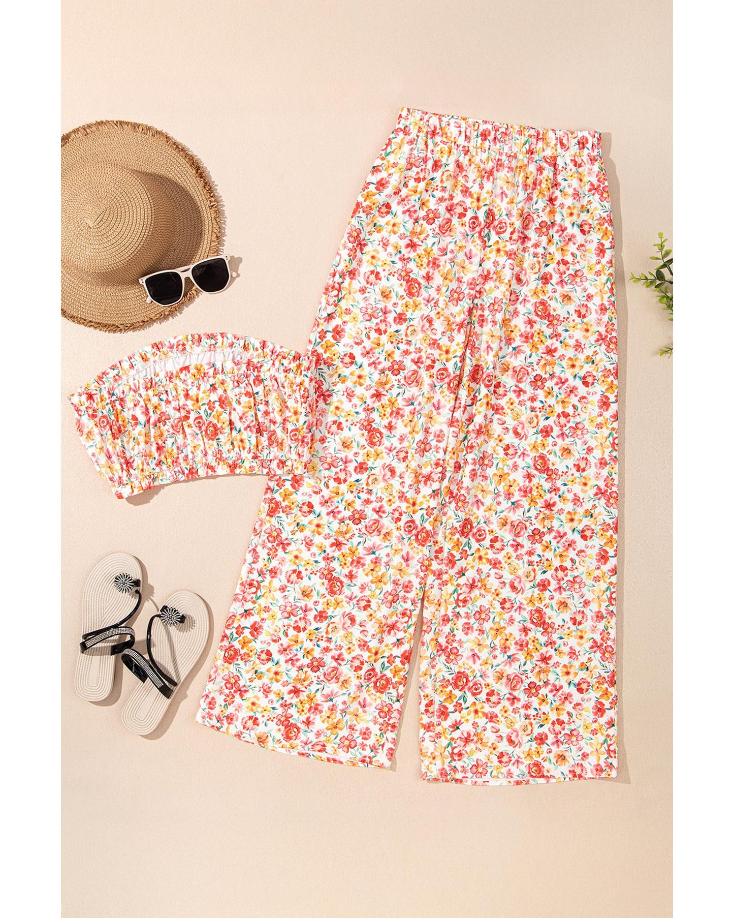 Floral Bandeau Top and High Waist Wide Leg Pants
