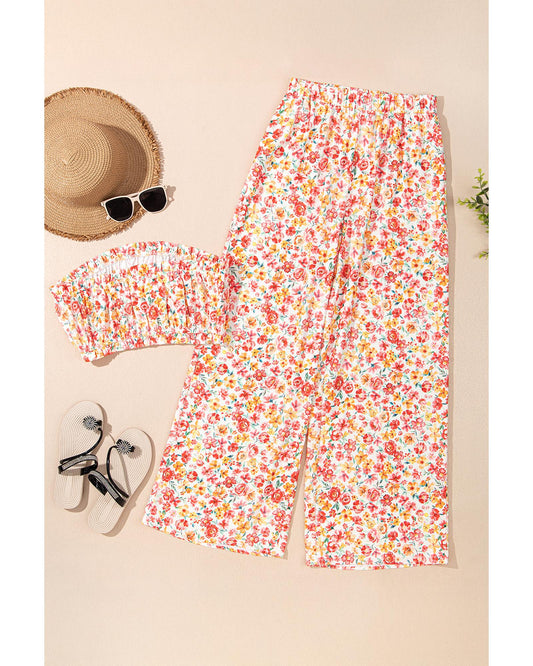 Floral Bandeau Top and High Waist Wide Leg Pants