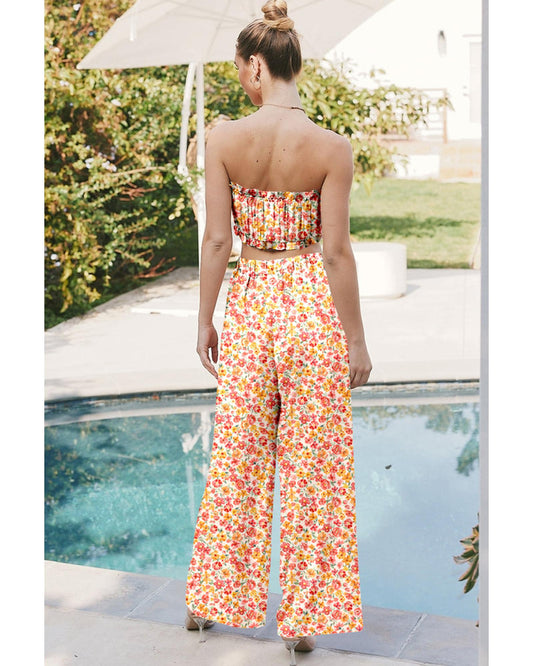 Floral Bandeau Top and High Waist Wide Leg Pants