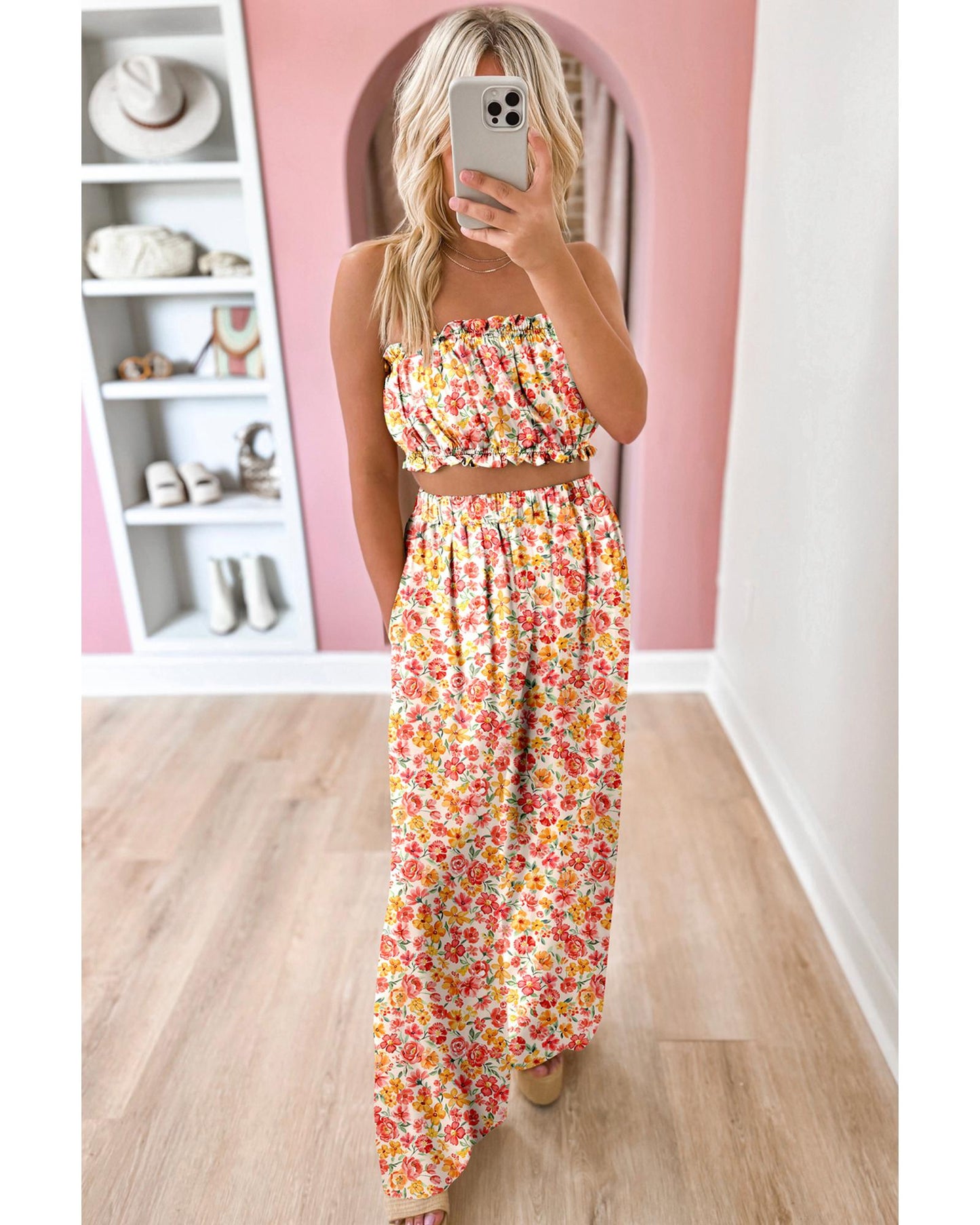 Floral Bandeau Top and High Waist Wide Leg Pants