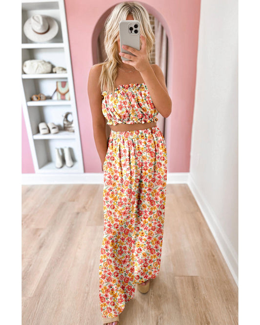 Floral Bandeau Top and High Waist Wide Leg Pants