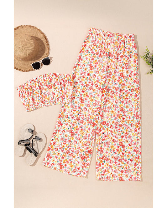 Floral Bandeau Top and High Waist Wide Leg Pants