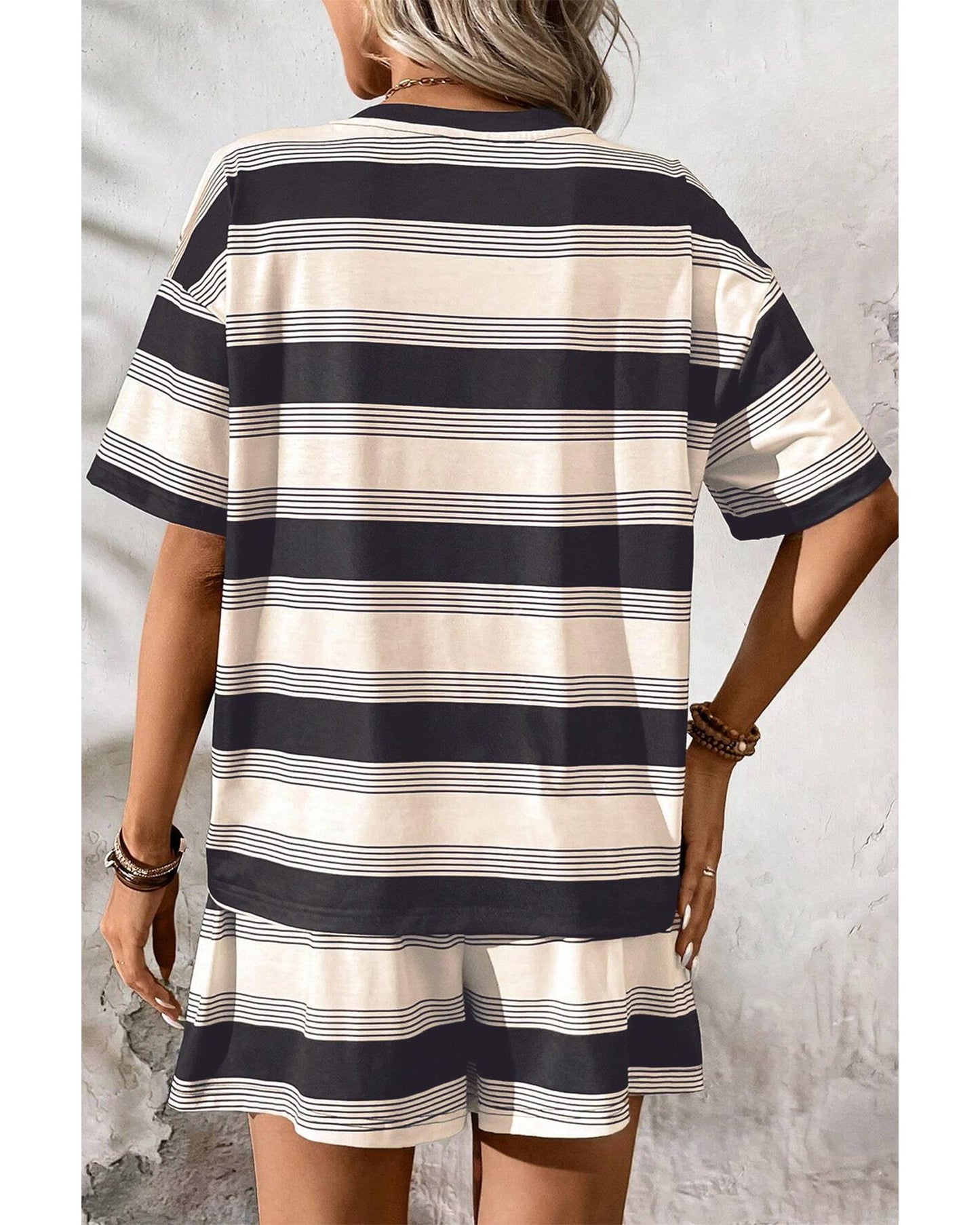 Stripe Short Sleeve T Shirt and High Waist Pocketed Shorts