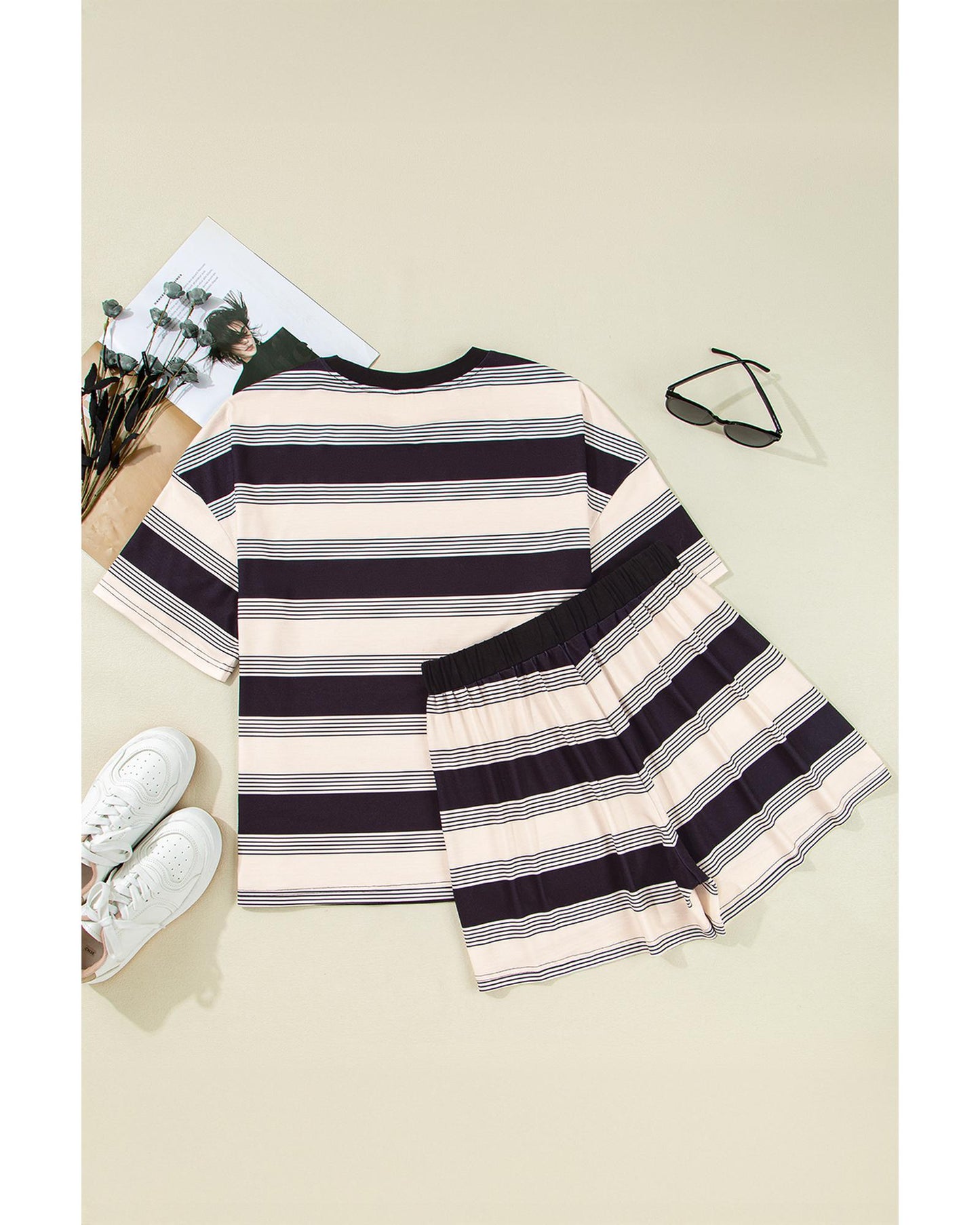 Stripe Short Sleeve T Shirt and High Waist Pocketed Shorts