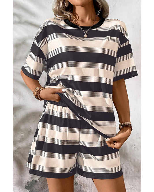 Stripe Short Sleeve T Shirt and High Waist Pocketed Shorts