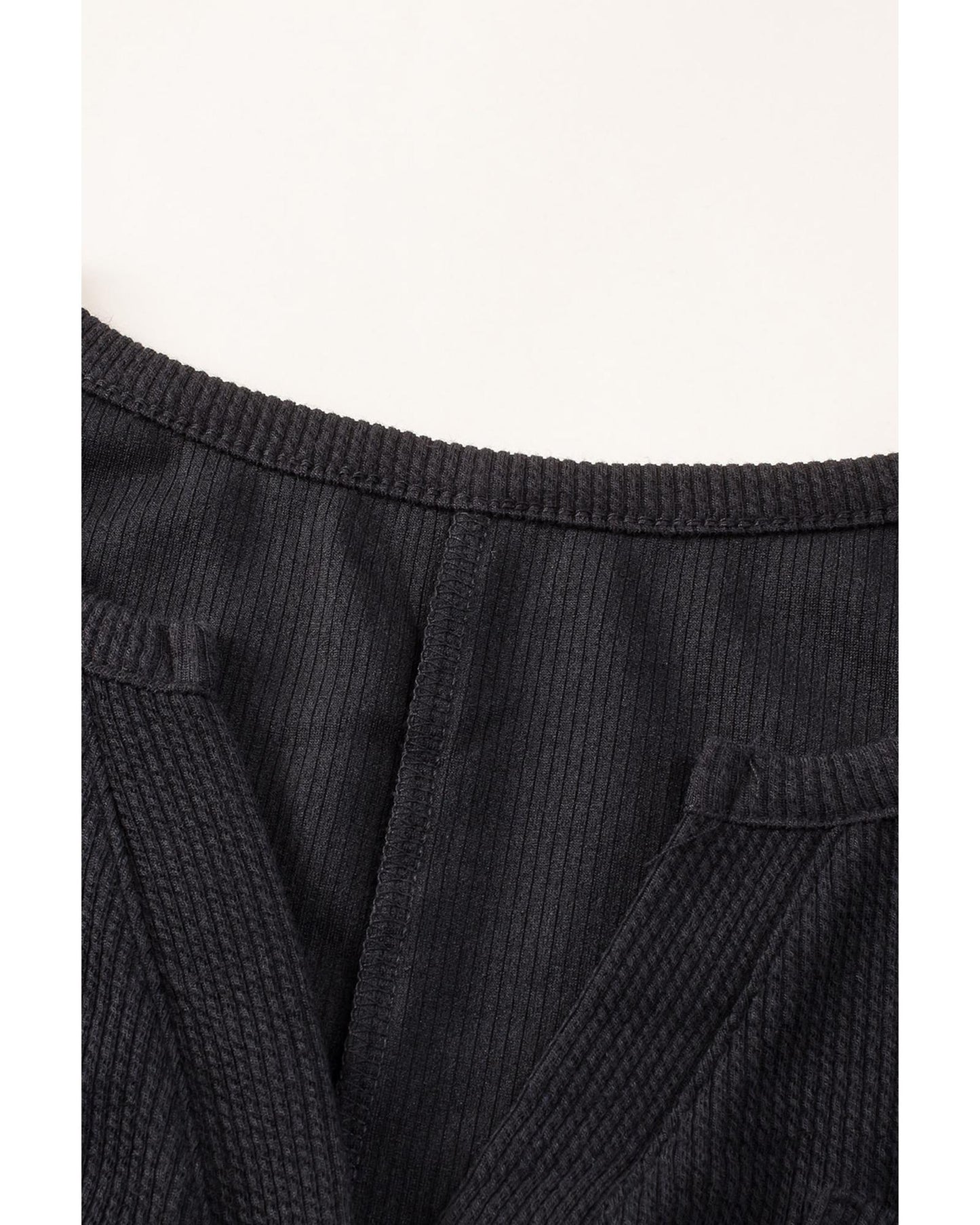 Black Brushed Ribbed Button Split V Neck Romper