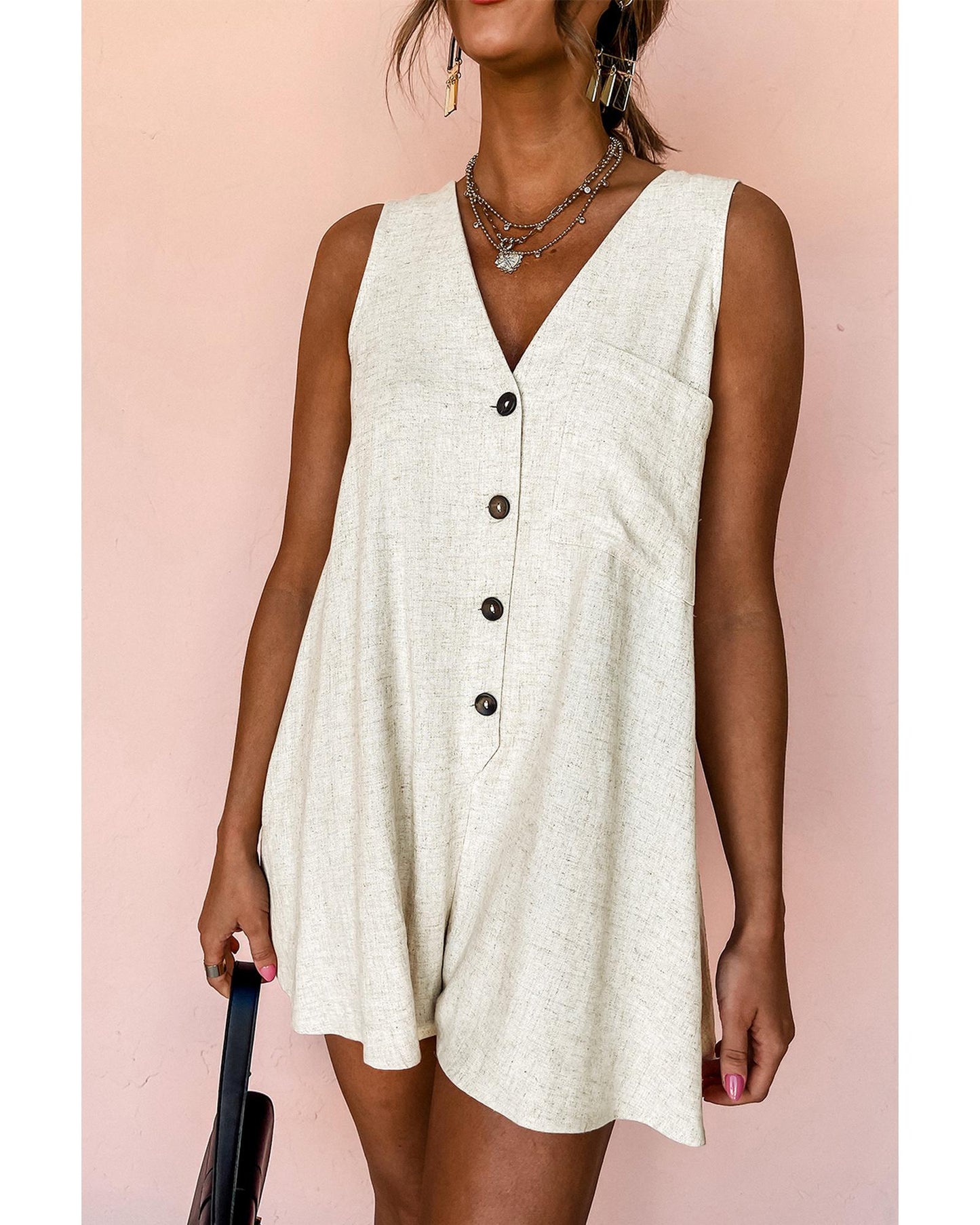 Sleeveless V-Neck Buttoned Front Romper