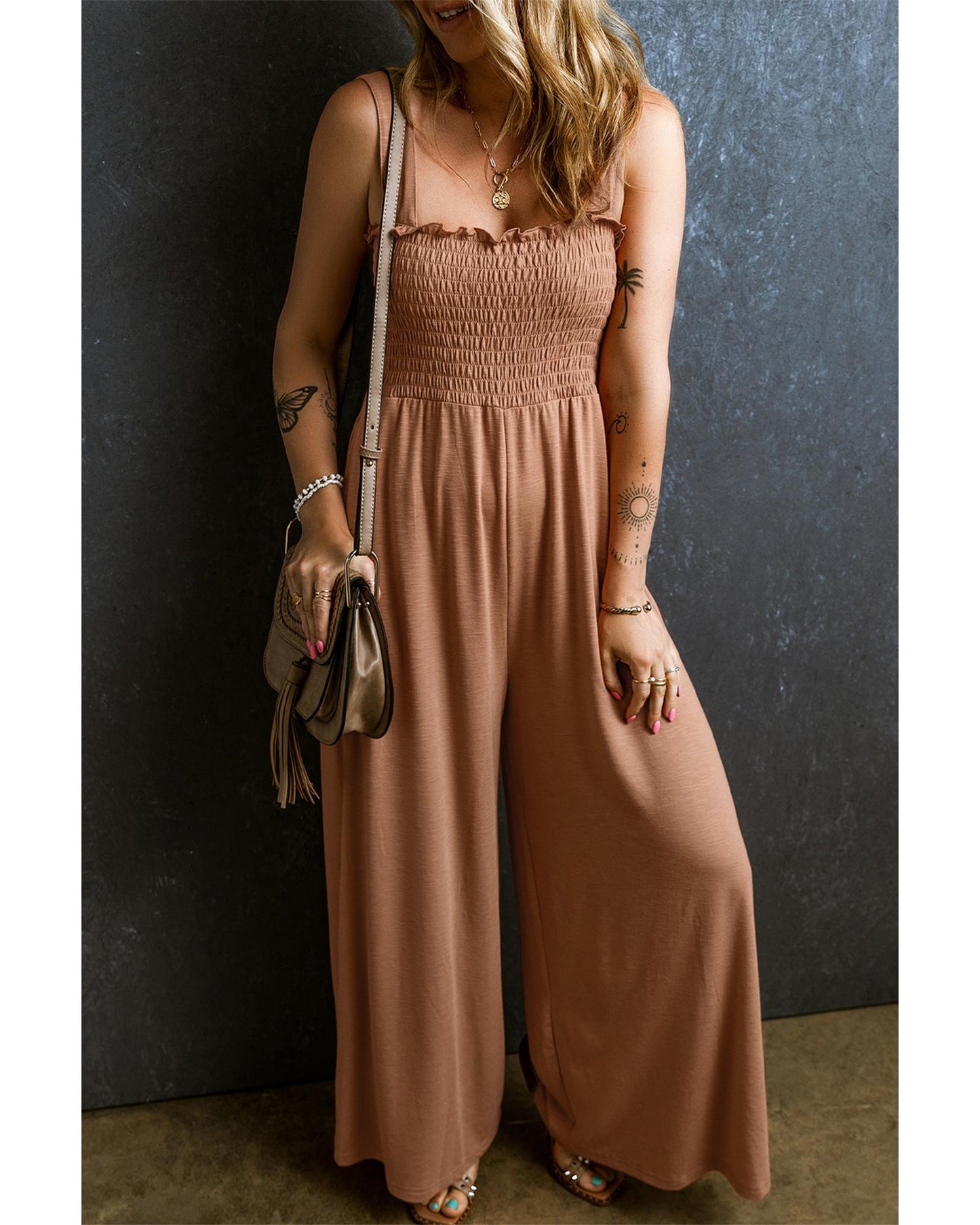 Dusty Pink Ruffled Shirred Wide Leg Sleeveless Jumpsuit