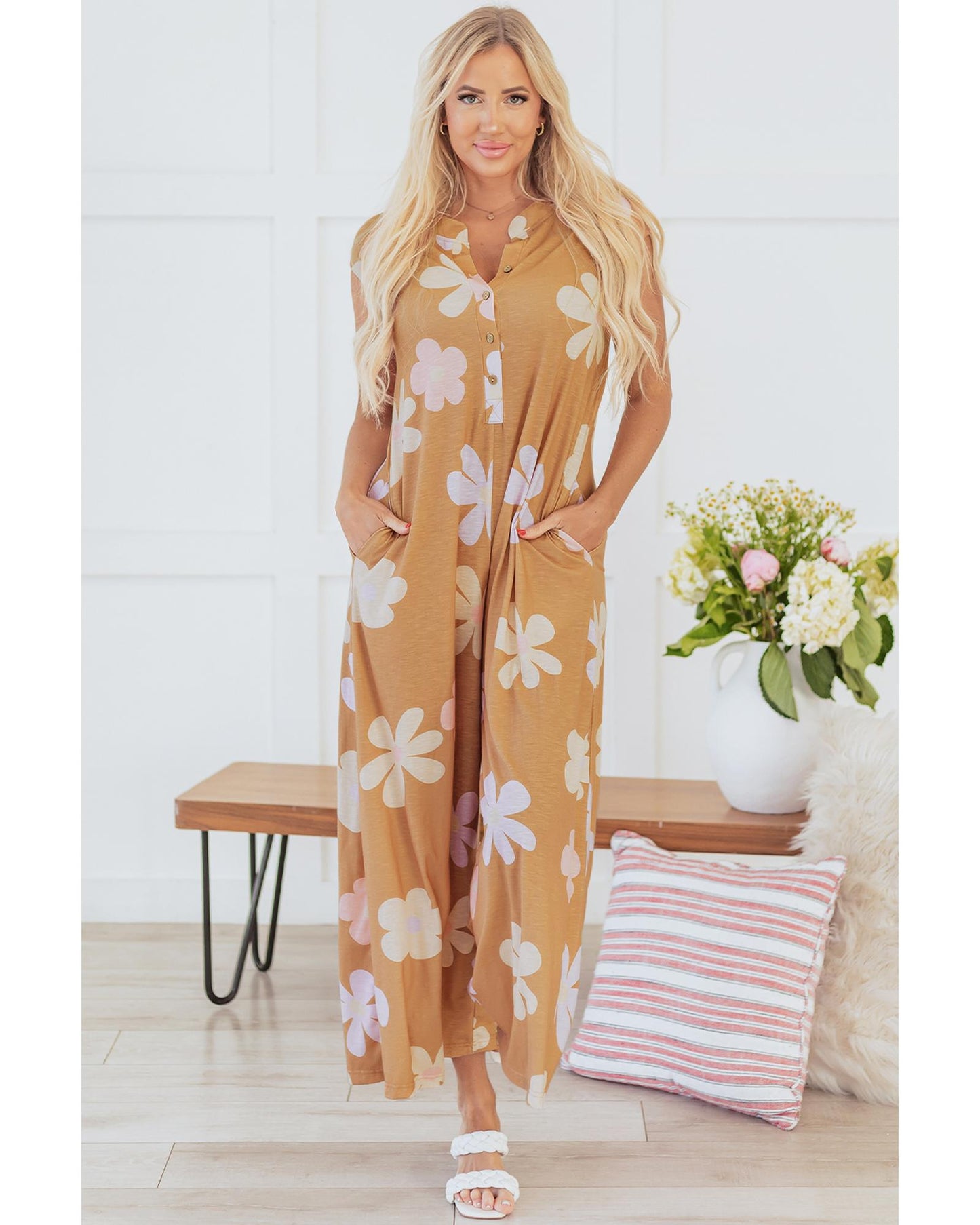 Khaki Floral Print Sleeveless Button-Up Jumpsuit