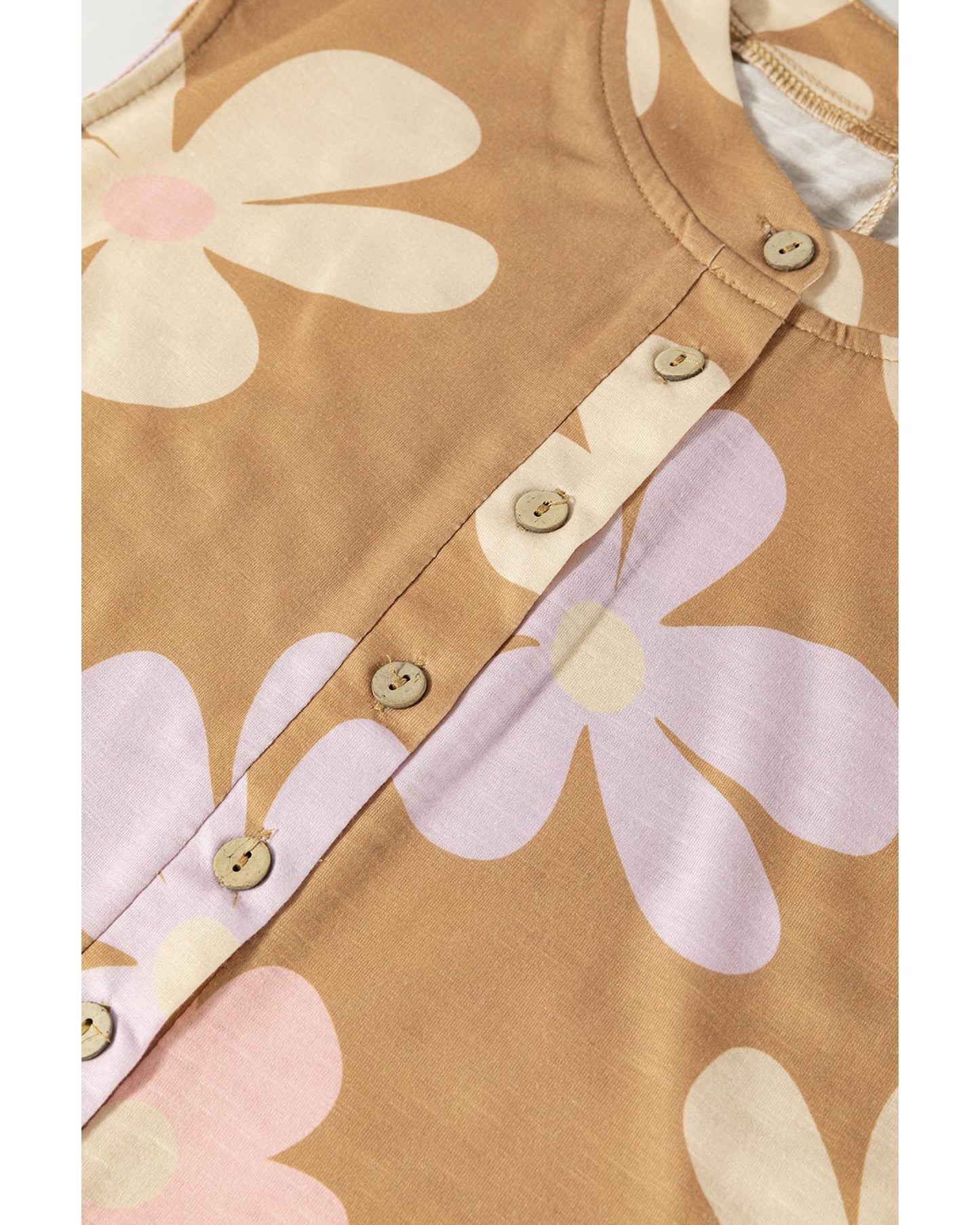 Khaki Floral Print Sleeveless Button-Up Jumpsuit