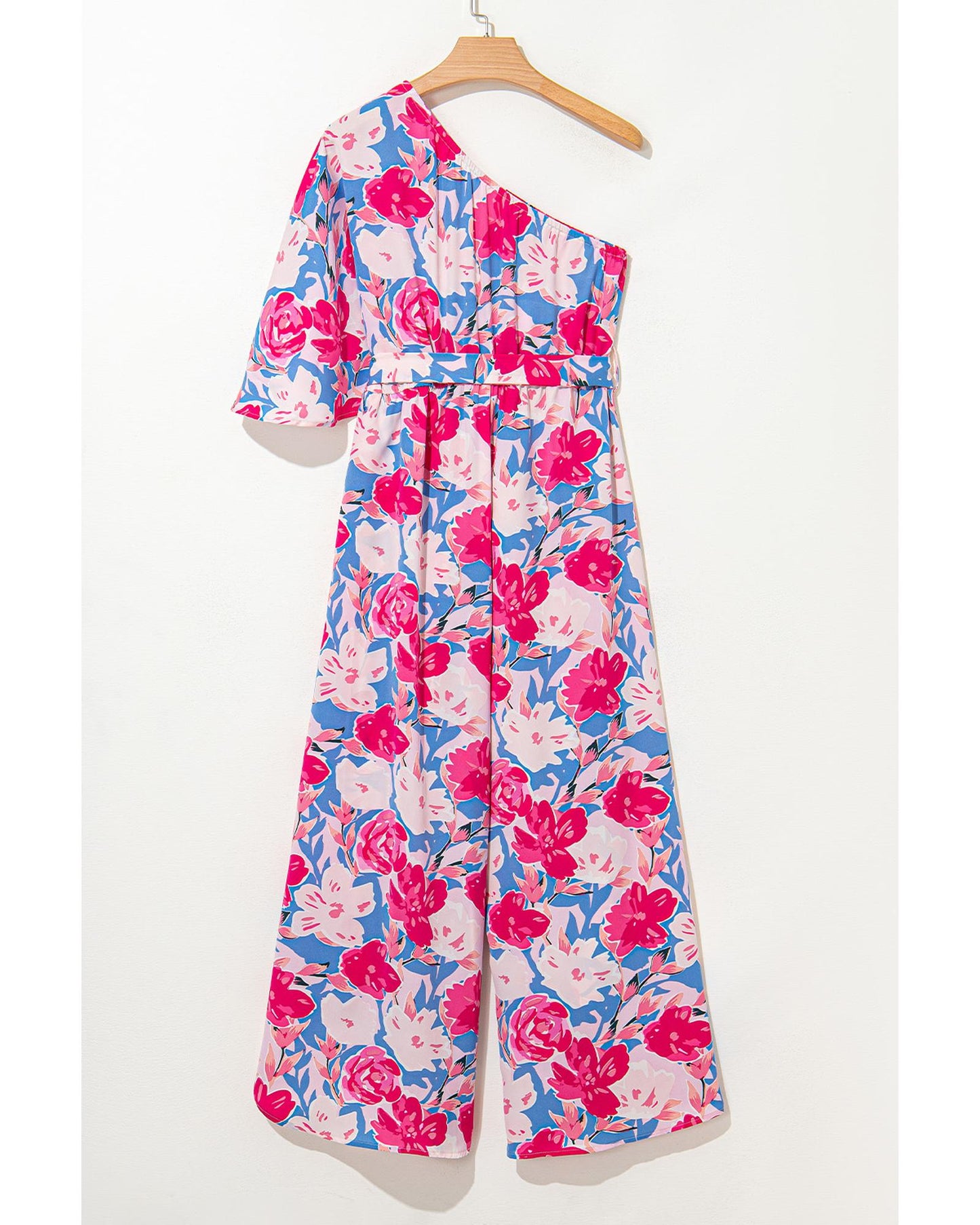 Floral Print Asymmetrical Neckline Belted Jumpsuit