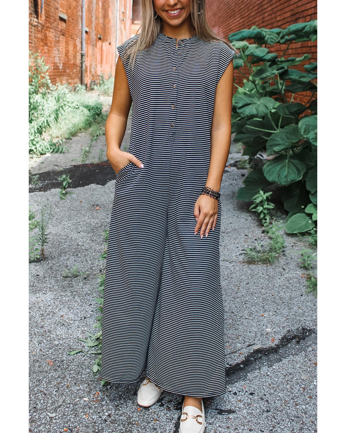 Black White Striped Print Buttoned Wide Leg Sleeveless Jumpsuit
