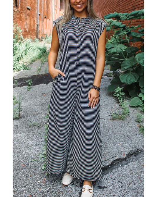 Black White Striped Print Buttoned Wide Leg Sleeveless Jumpsuit